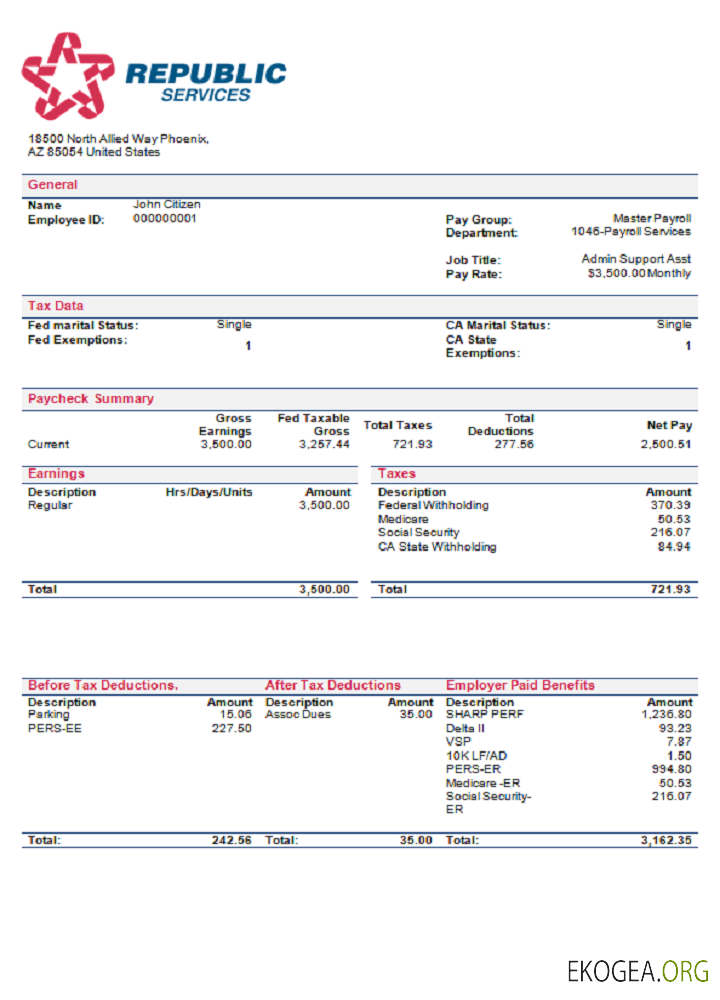 Fiche de paie de la société de gestion des déchets USA Republic Services